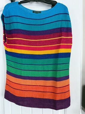 Lauren Ralph Lauren Turquoise Blue Striped Knit slvless sweater cotton/ Viscose